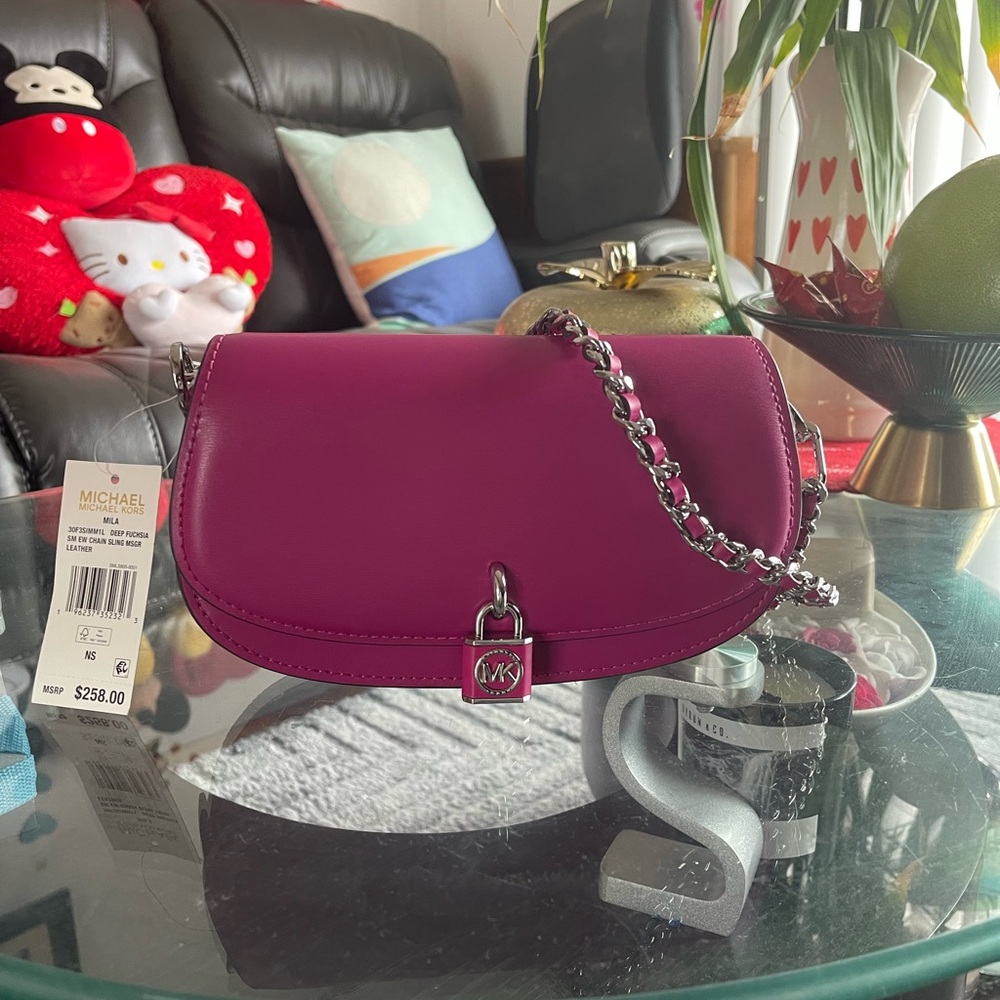NWT Michael Kors MILA Deep Fushsia SM EW Chain Sling MSGR Leather